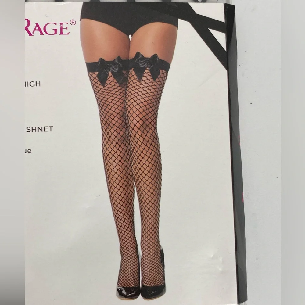 Body Rage black fishnet thigh high with bow women’s one size Spencer’s New